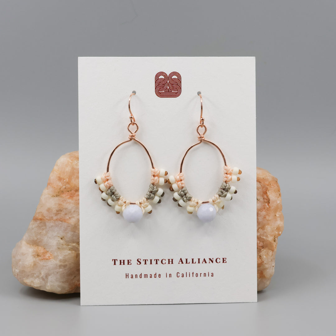 handmade macrame rose gold hoop earrings with blue lace agate bead