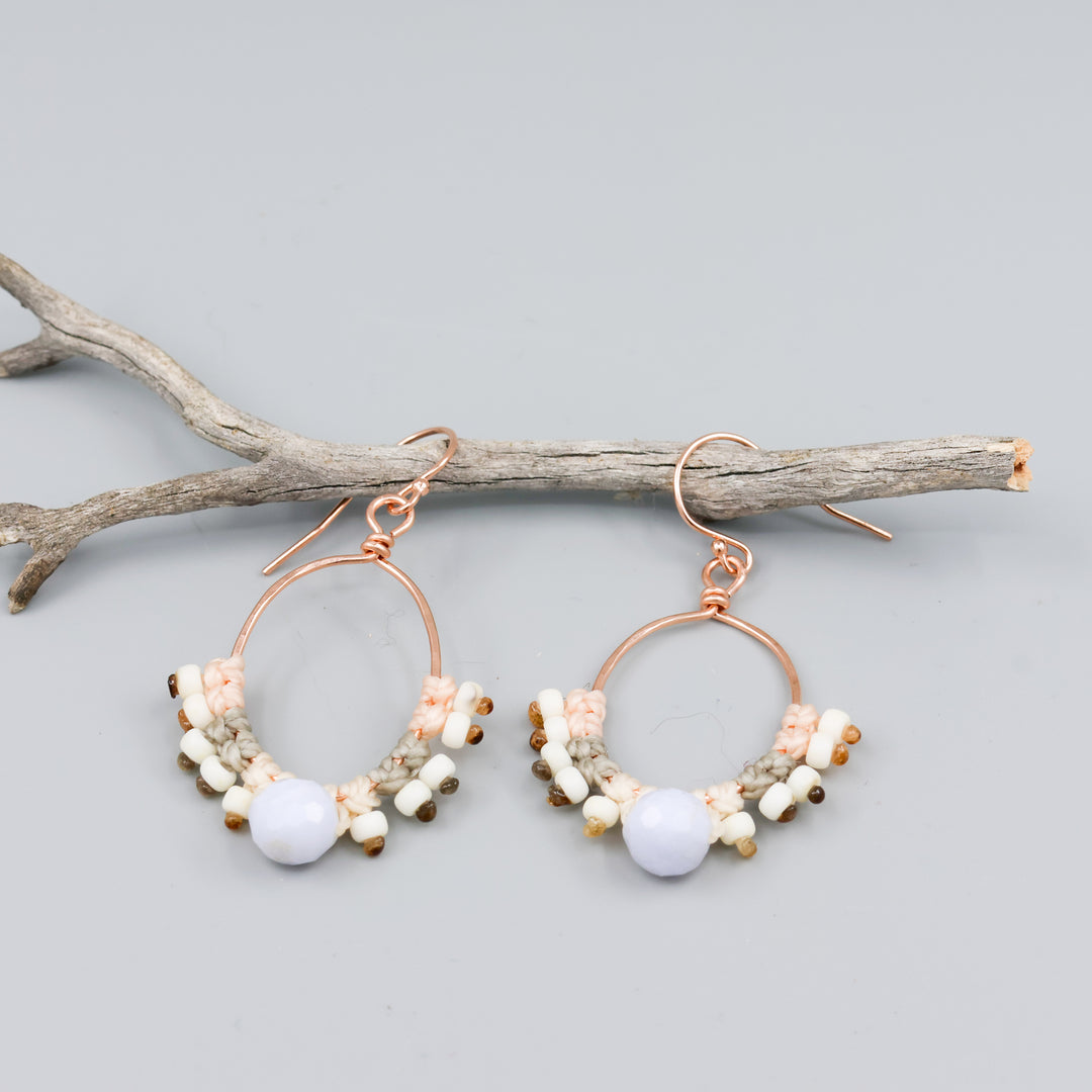 rose gold hoop earrings with blue lace agate bead and macrame detail