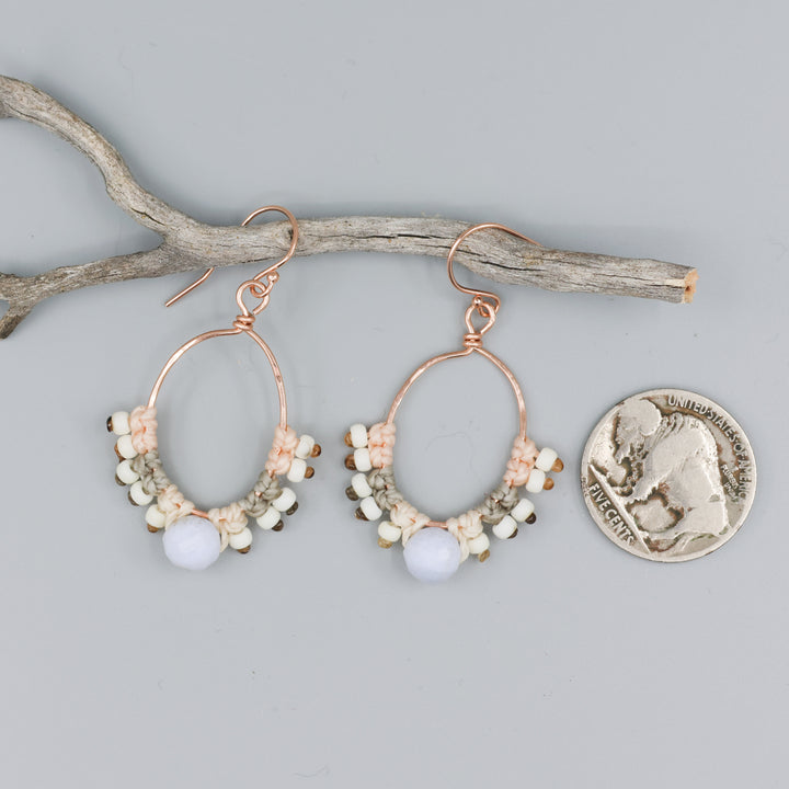 rose gold hoop earrings with blue lace agate bead and macrame with coin for size reference