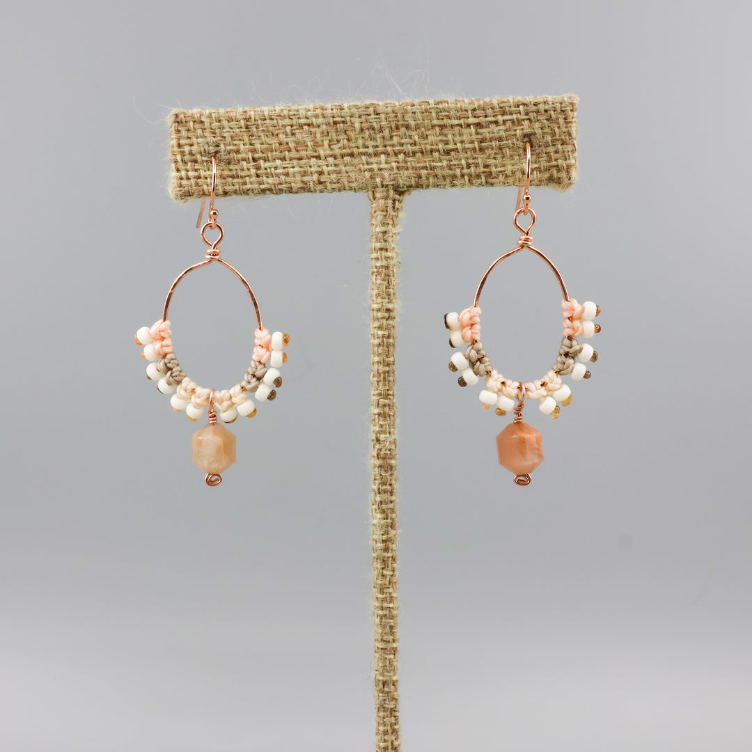 peach moonstone & rose gold macrame hoop earrings