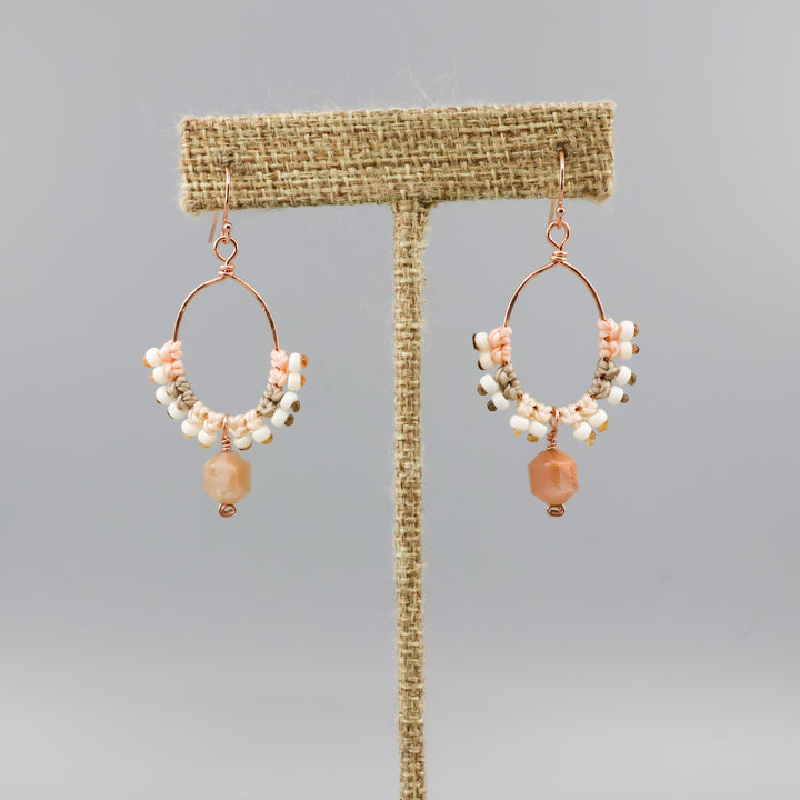 peach moonstone & rose gold macrame hoop earrings