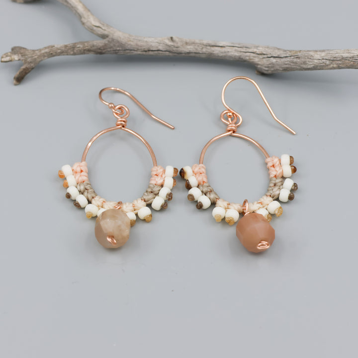 peach moonstone & rose gold macrame hoop earrings detail view