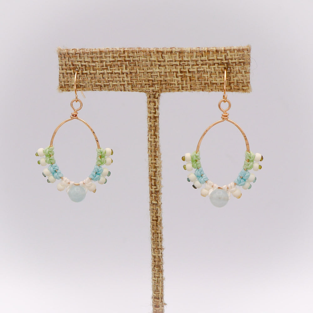 gold filled macrame hoop earrings aquamarine bead