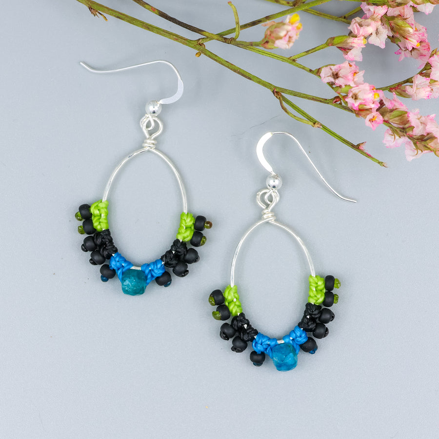 handmade sterling silver macrame hoop earrings with blue apatite bead
