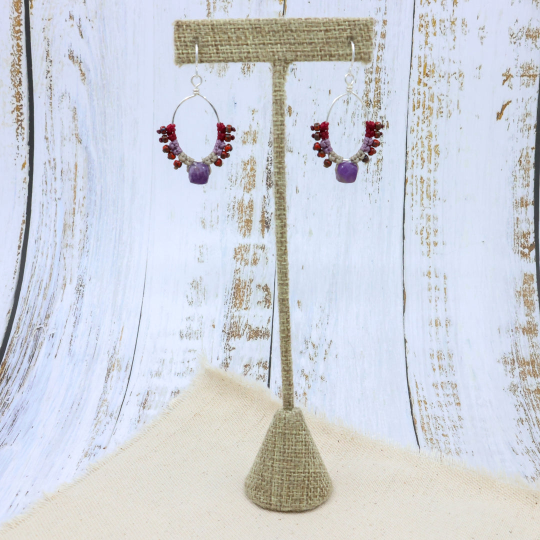 sterling silver and amethyst hoop earrings with macrame