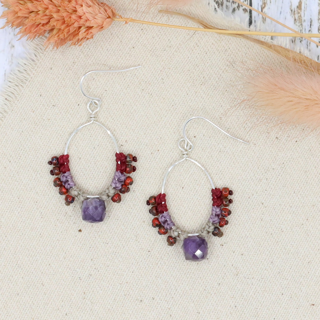 handmade sterling silver and amethyst hoop earrings with macrame