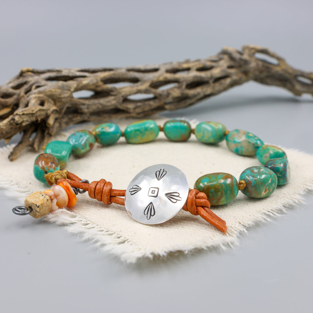 Kingman turquoise bead leather and sterling silver bracelet handmade in california