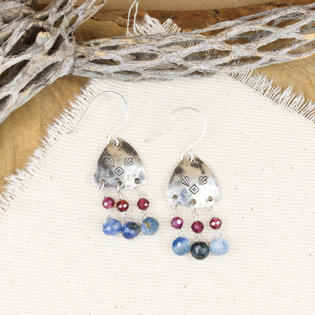 kyanite, garnet, sterling silver handmade earrings