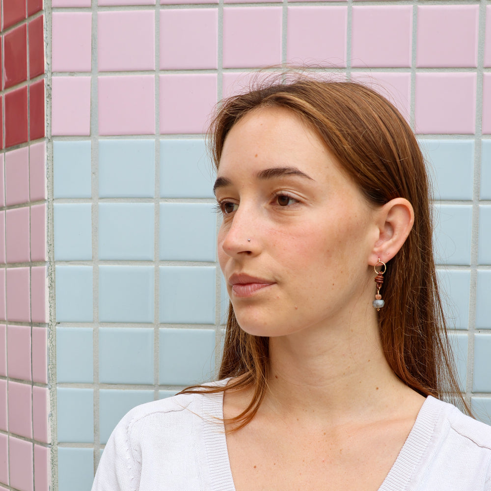 handmade gold, leather, labradorite and sunstone earrings worn on a model
