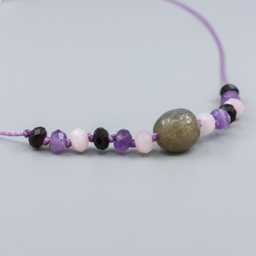 handknotted labradorite, morganite, amethyst, and garnet necklace