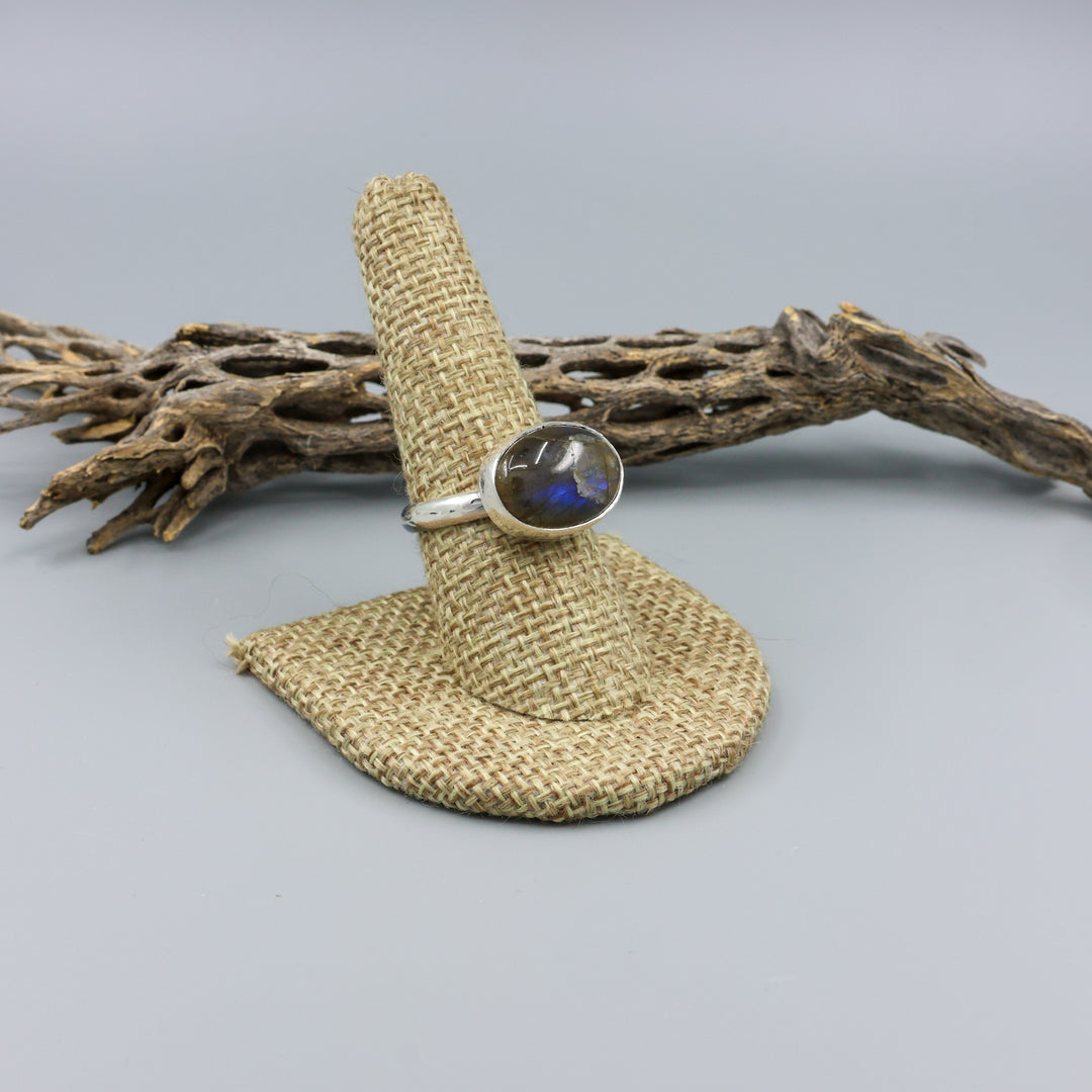 Labradorite sterling silver ring handmade on a linen display