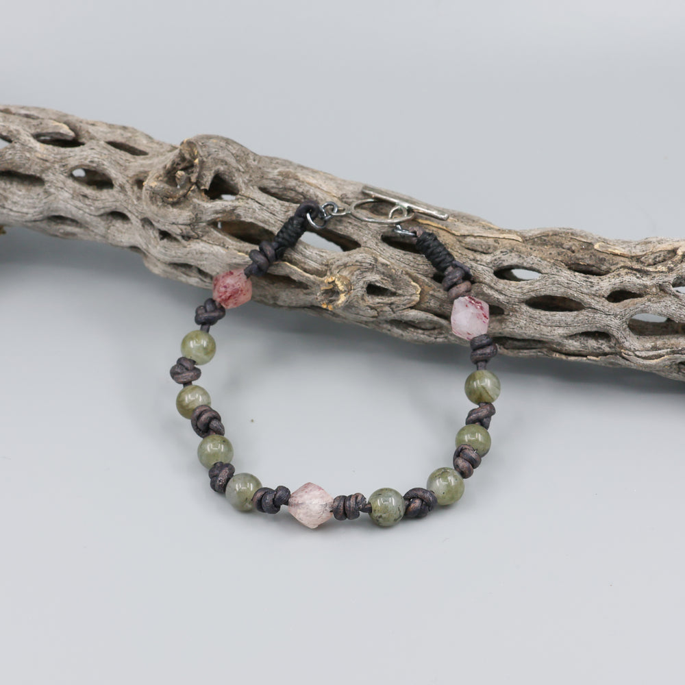 handmade labradorite, strawberry quartz, and sterling silver bracelet