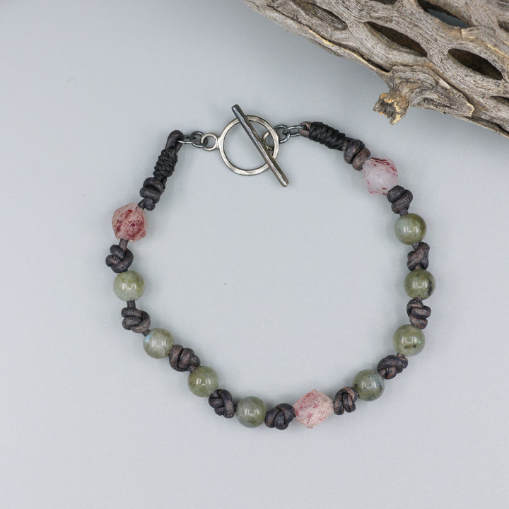 labradorite, strawberry quartz, and sterling silver bracelet