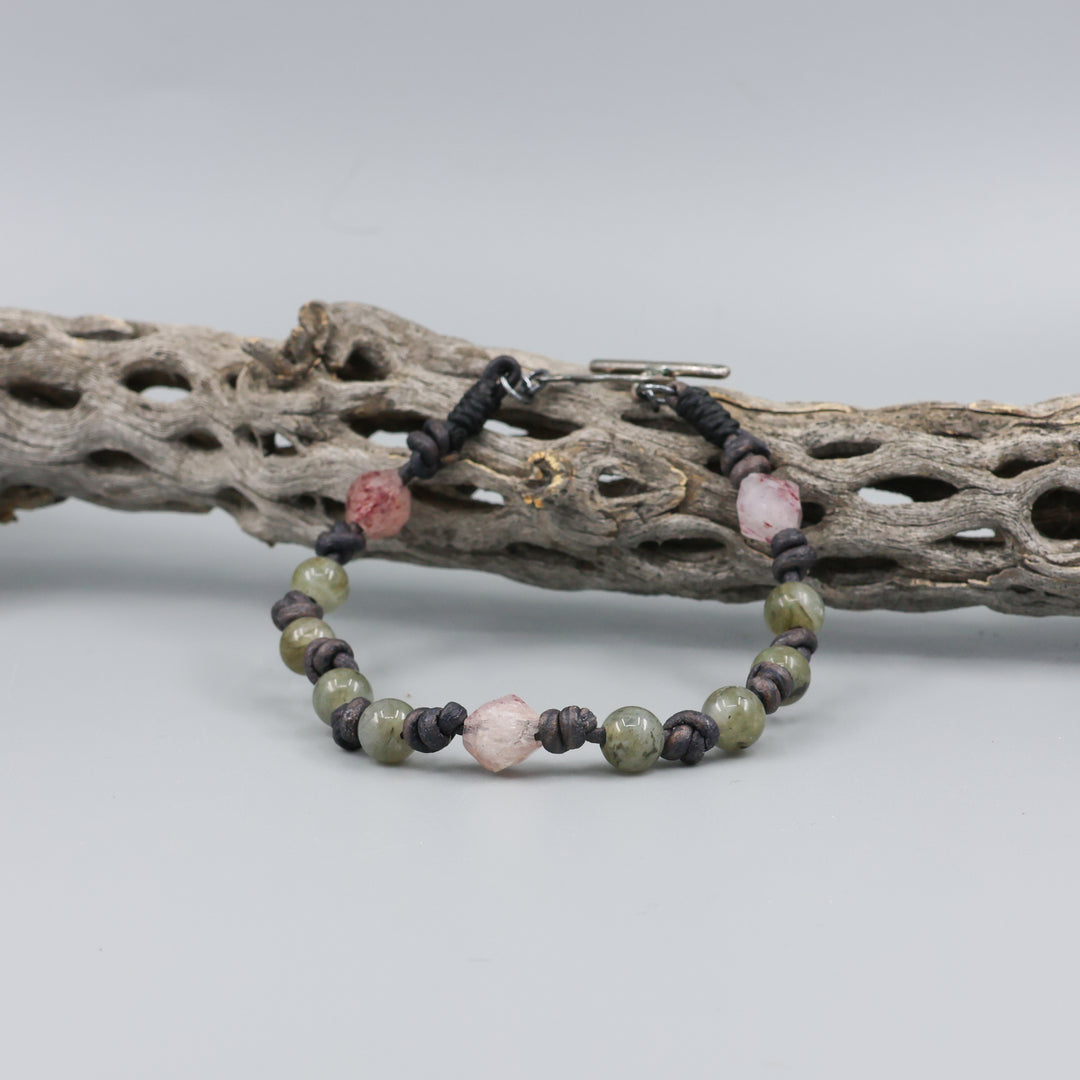 labradorite, strawberry quartz, leather, and sterling silver bracelet