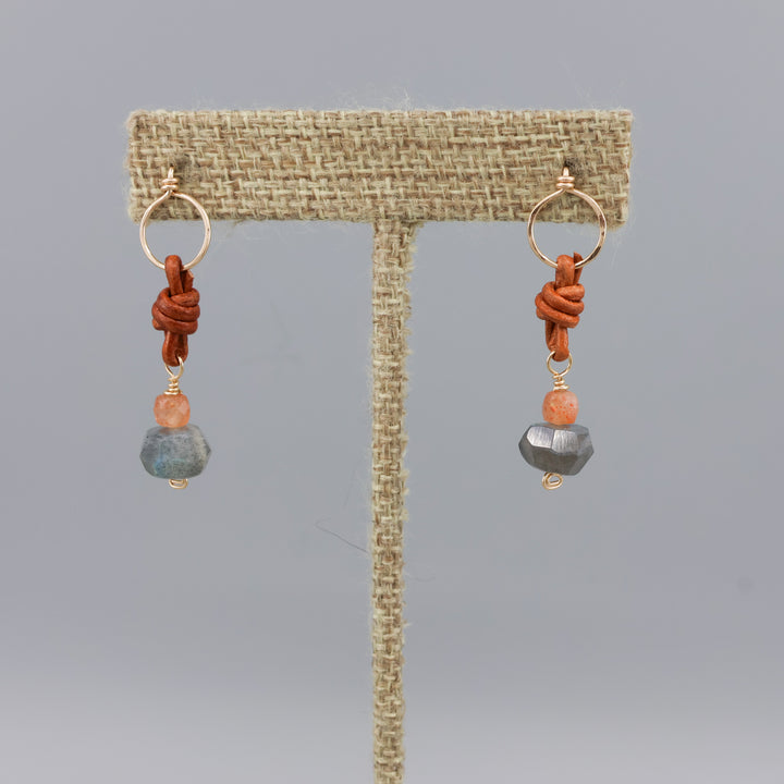 labradorite, sunstone, leather 14k fill handmade earrings