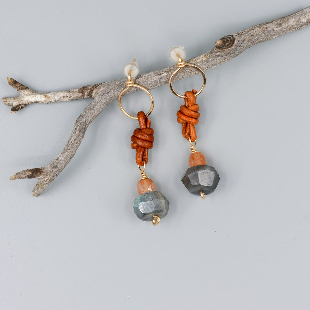 labradorite, sunstone, leather 14k fill handmade earrings flat lay