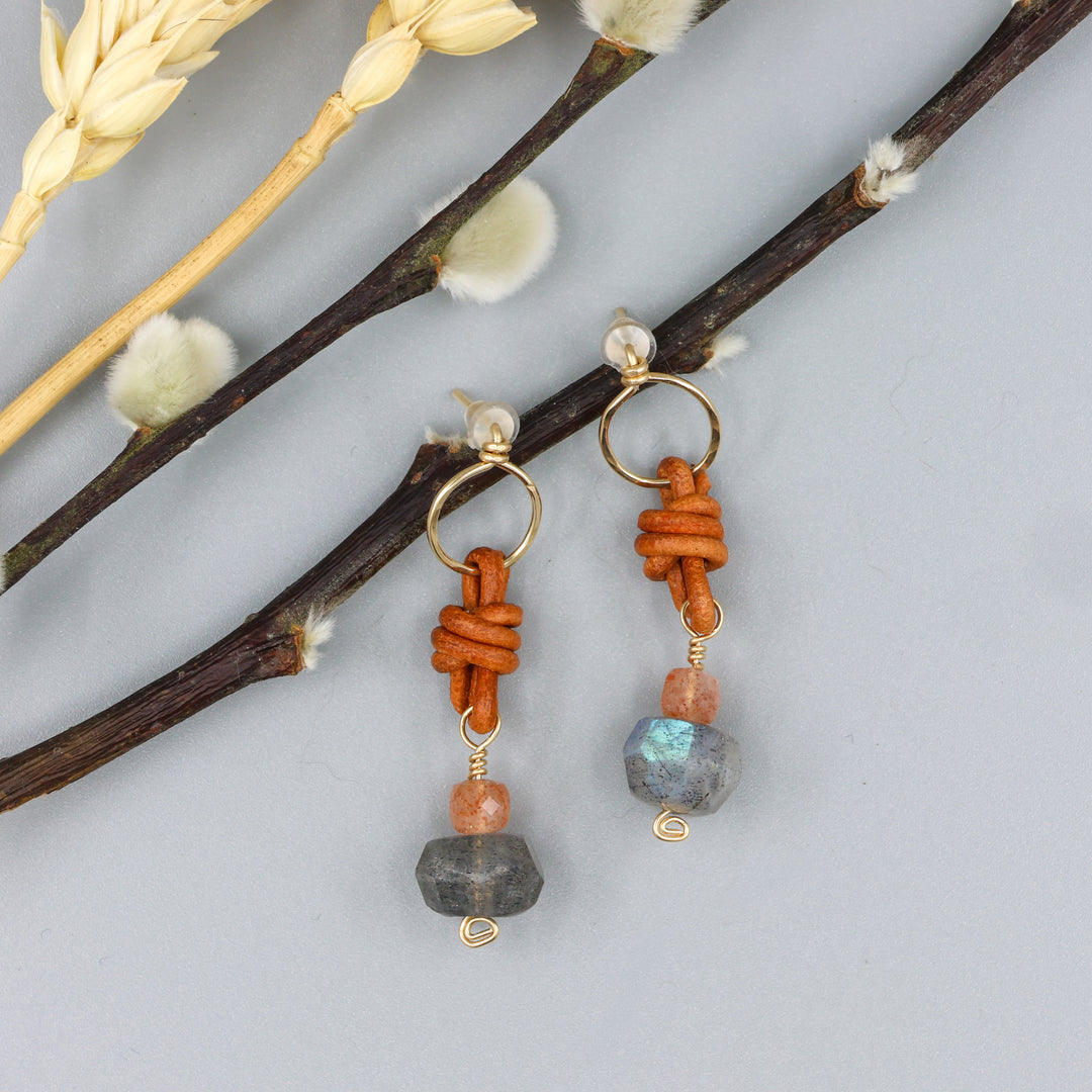 labradorite and sunstone gold earrings with leather details