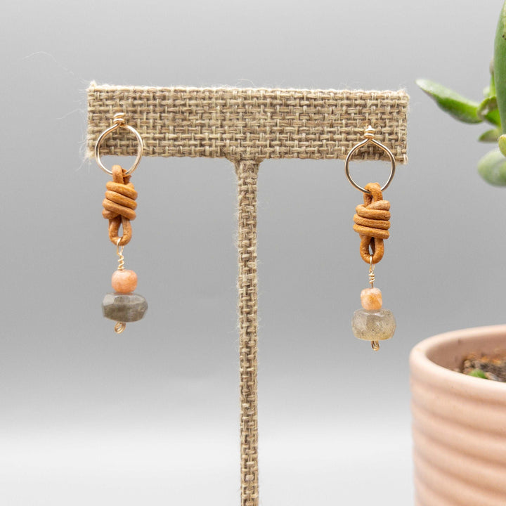Labradorite, sunstone, leather and gold fill drop earrings