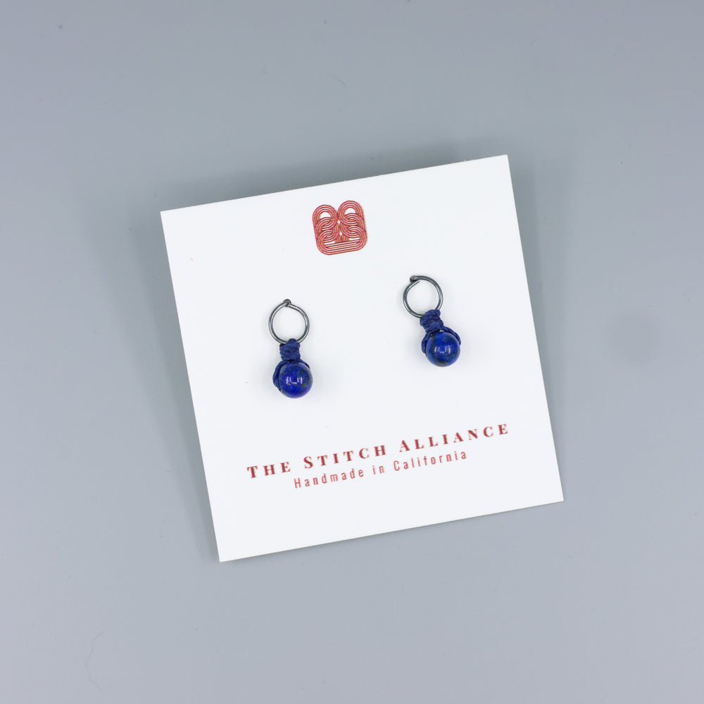 lapis lazuli mini dangle earrings oxidized sterling silver handmade on a white card