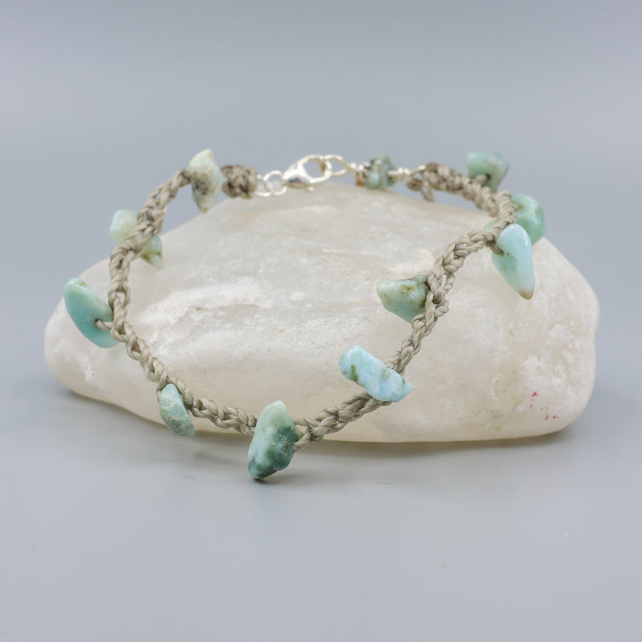 larimar pebble beads on crochet chain bracelet with sterling silver clasp