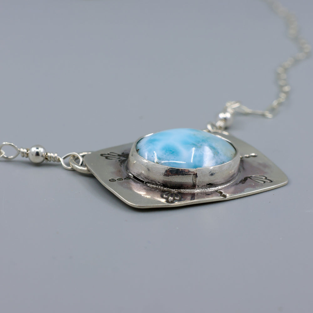 Larimar sterling silver hand made one of a kind necklace detail view