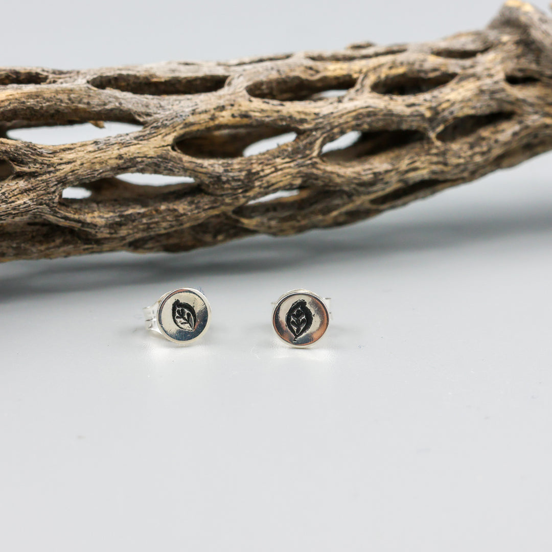 Minimalist Leaf Stamp Stud Earrings - Sterling Silver