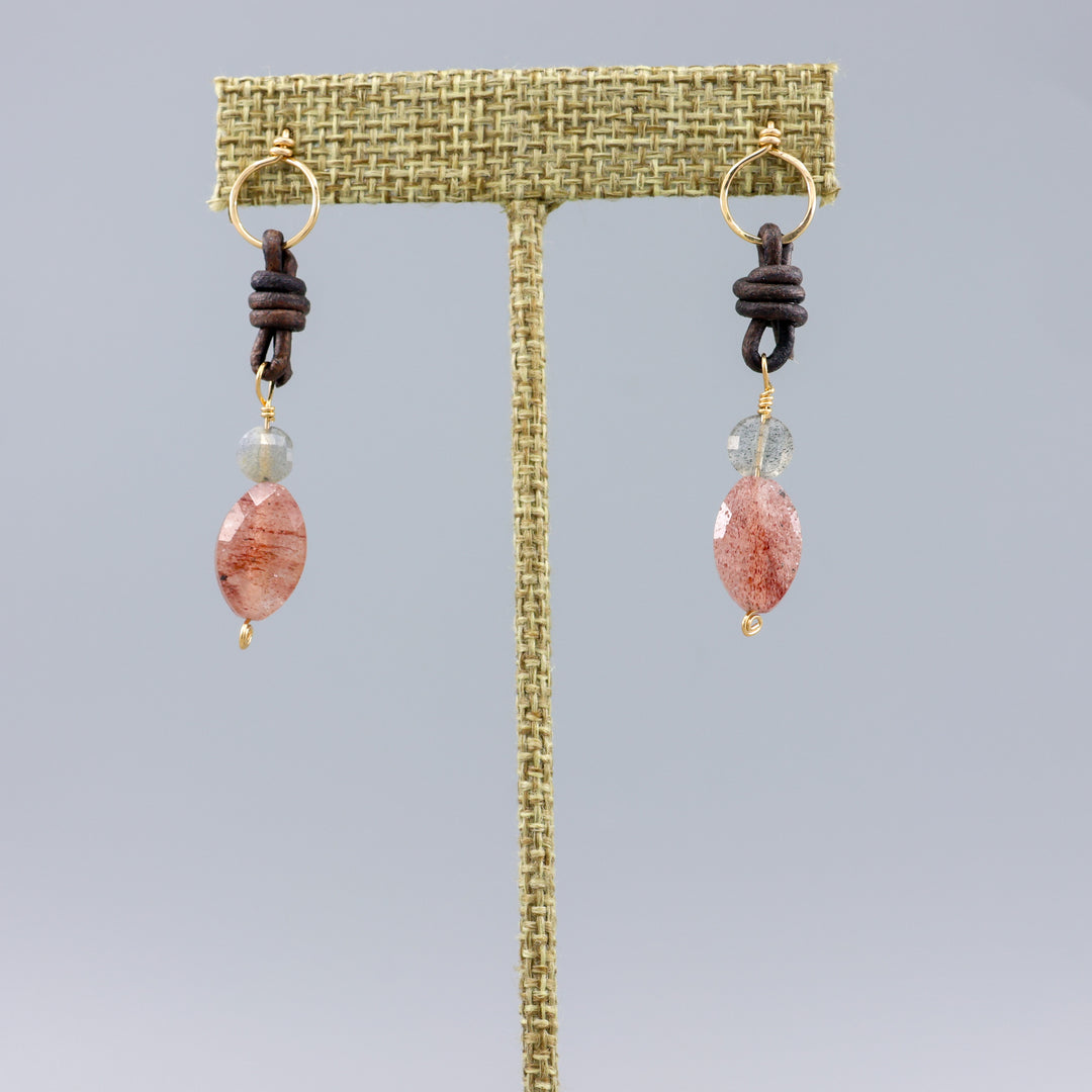 strawberry quartz, labradorite, and leather gold fill earrings