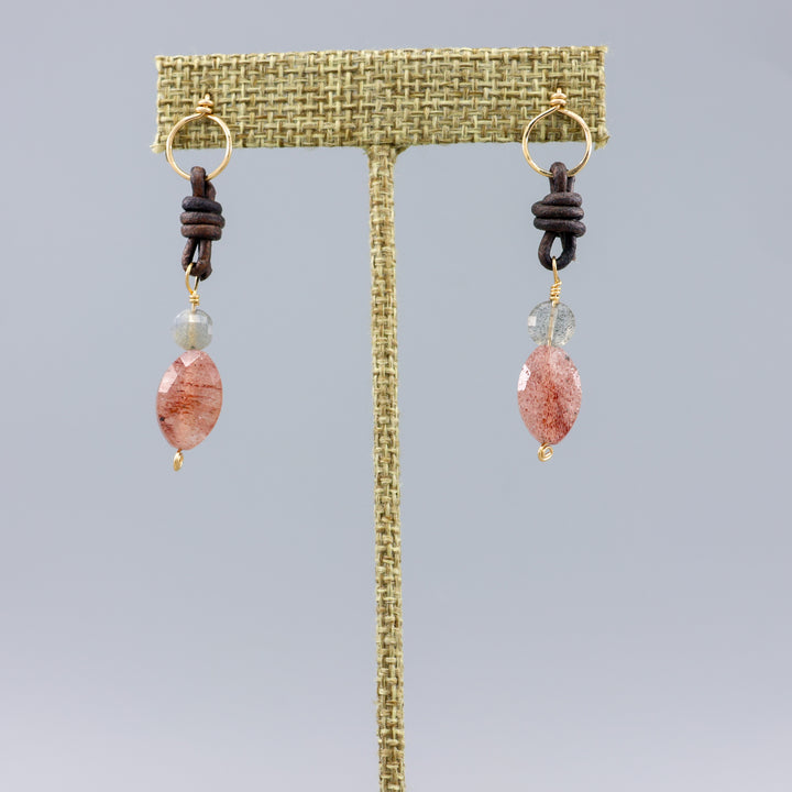 strawberry quartz, labradorite, and leather gold fill earrings