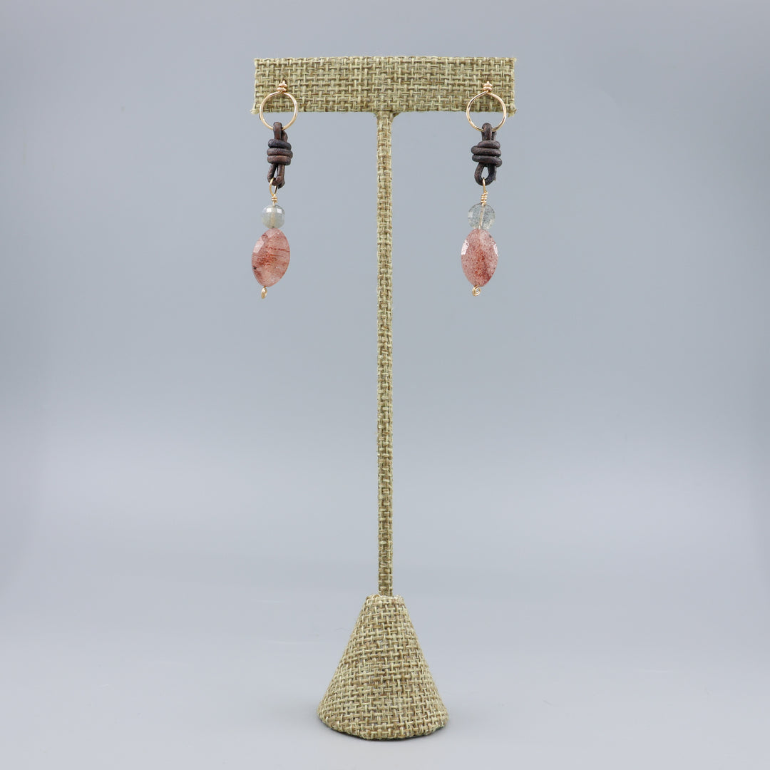 Strawberry Quartz, Labradorite Leather Drop Earrings / Gold Fill