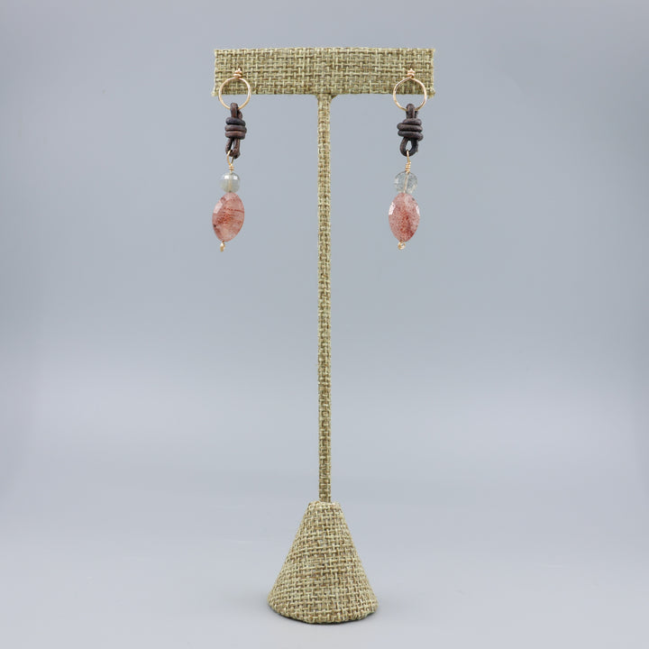 Strawberry Quartz, Labradorite Leather Drop Earrings / Gold Fill