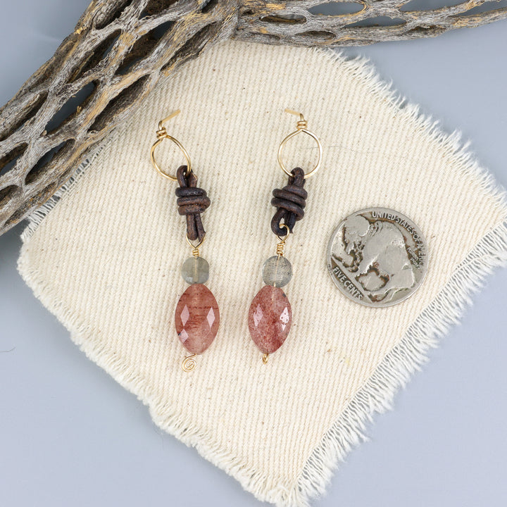 Strawberry Quartz, Labradorite Leather Drop Earrings / Gold Fill
