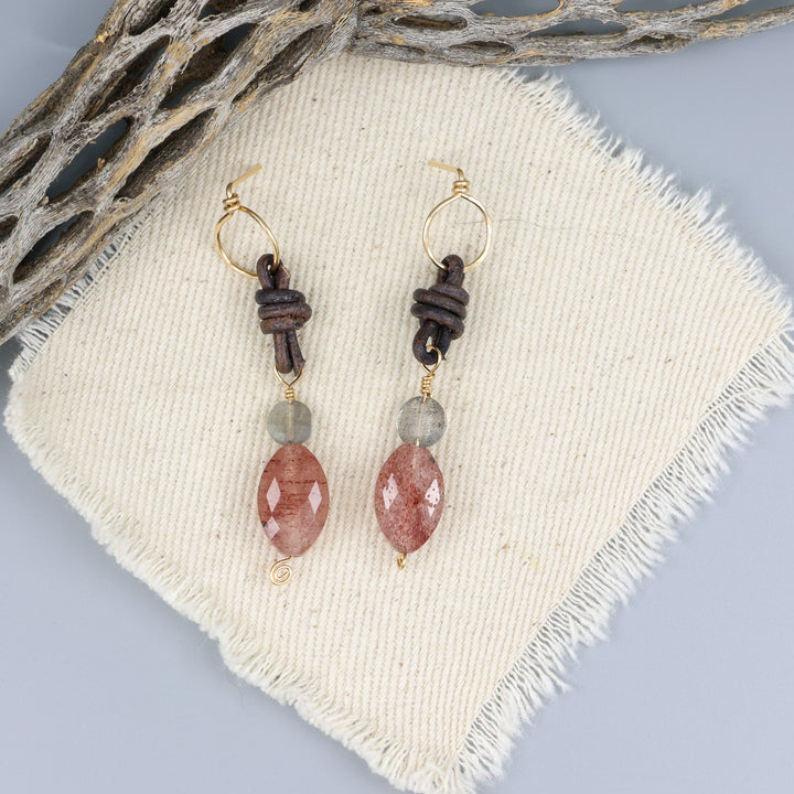 handmade strawberry quartz, labradorite, and leather gold fill earrings