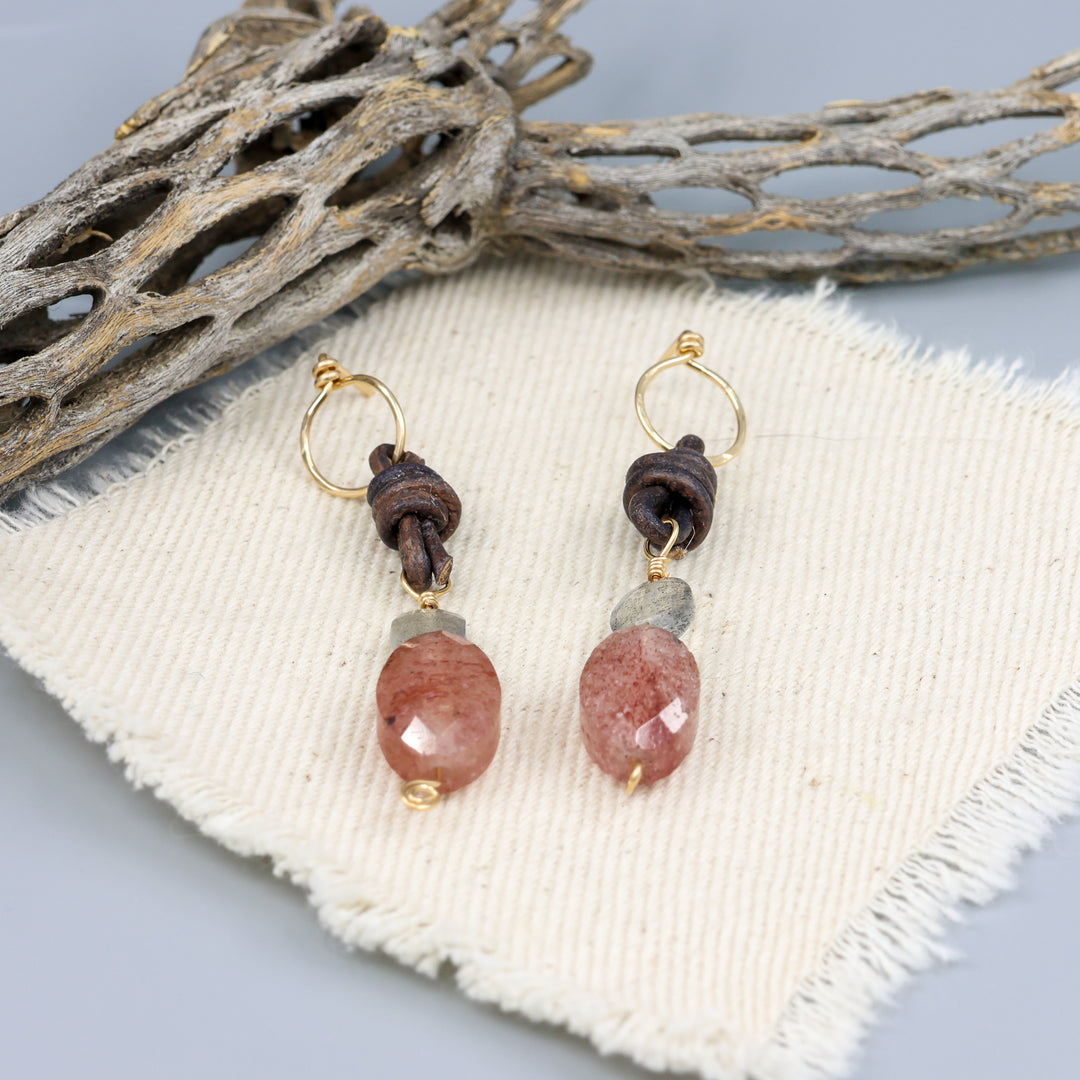 Strawberry Quartz, Labradorite Leather Drop Earrings / Gold Fill