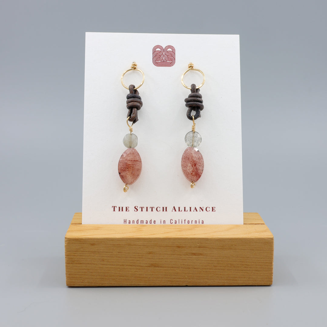 Strawberry Quartz, Labradorite Leather Drop Earrings / Gold Fill