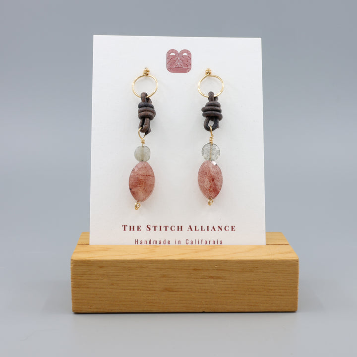 Strawberry Quartz, Labradorite Leather Drop Earrings / Gold Fill