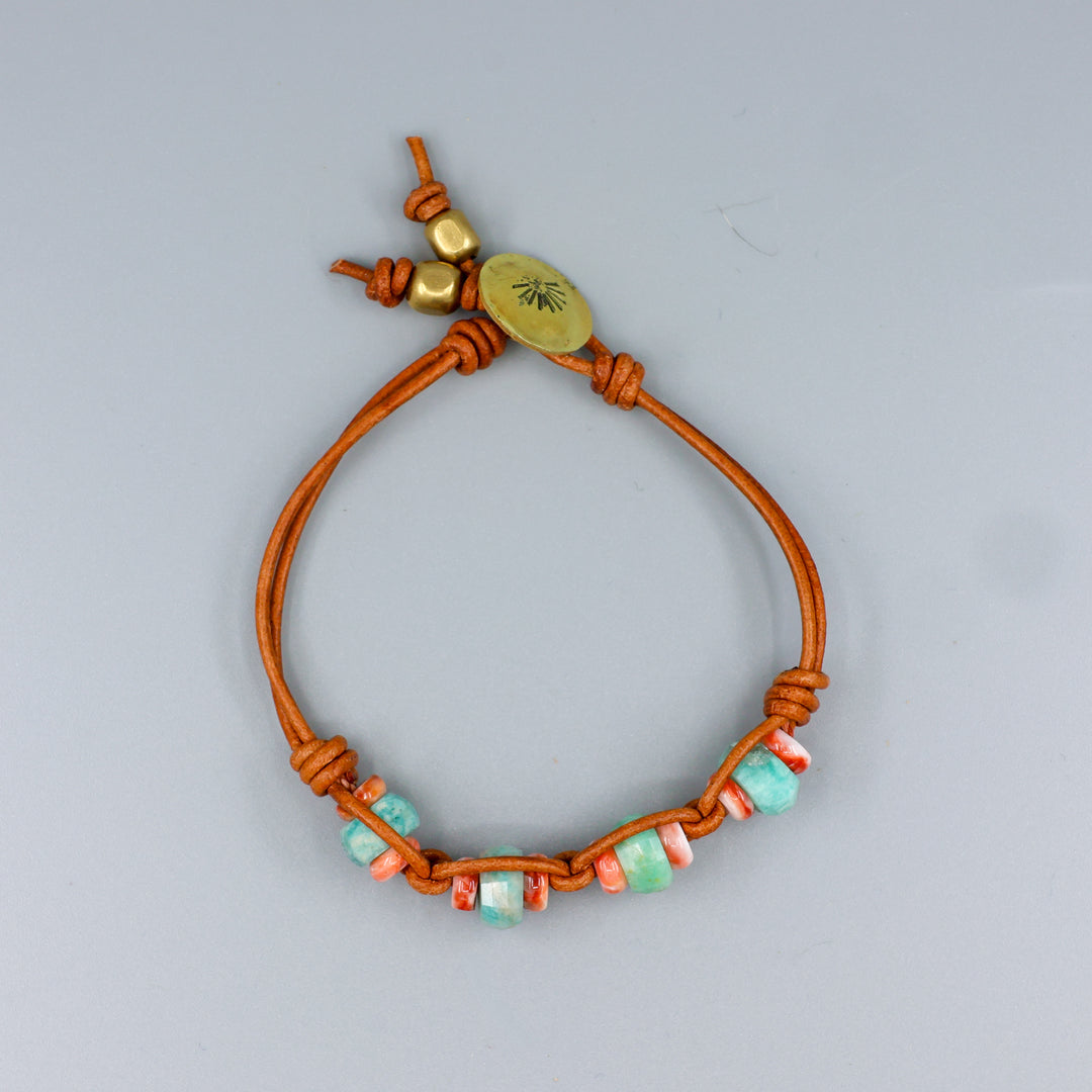 Amazonite, Spiny Oyster, Brass & Leather Bracelet