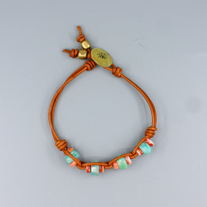 Amazonite, Spiny Oyster, Brass & Leather Bracelet