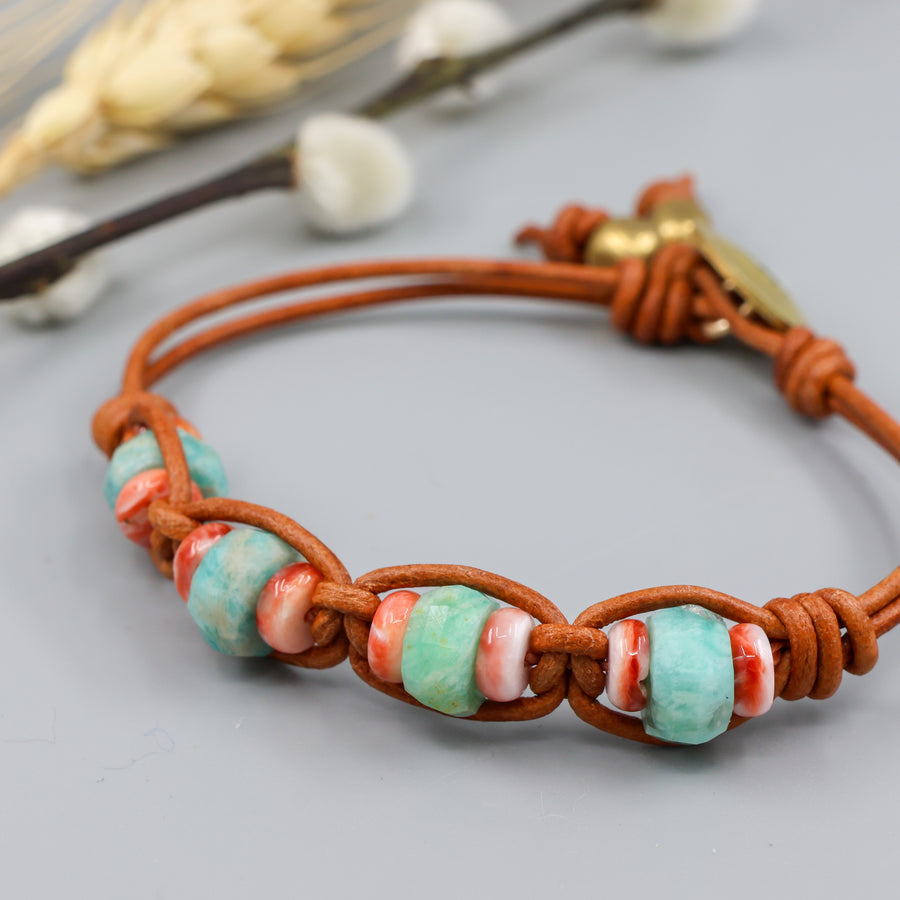 handmade amazonite, spiny oyster, leather and brass bracelet
