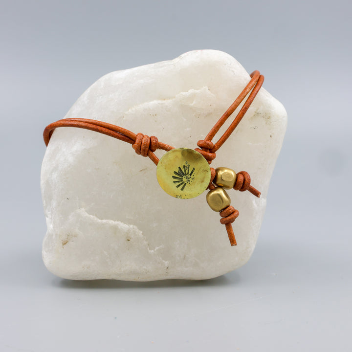 Amazonite, Spiny Oyster, Brass & Leather Bracelet