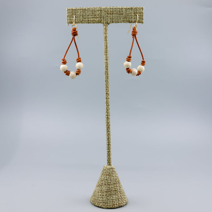 Leather & River Stone Barrel Knot Hoop Earrings - Gold Fill