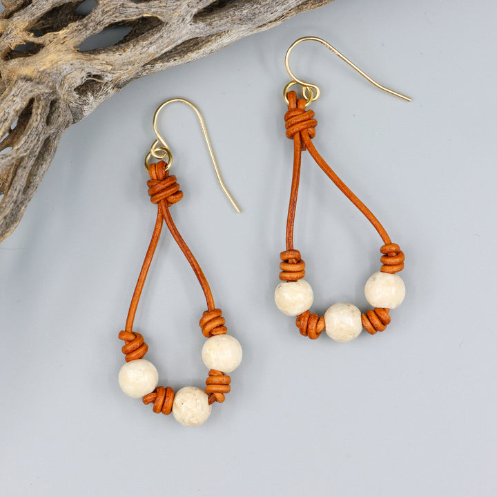 handmade leather and river stone knotted hoop earrings with gold fill ear wires.
