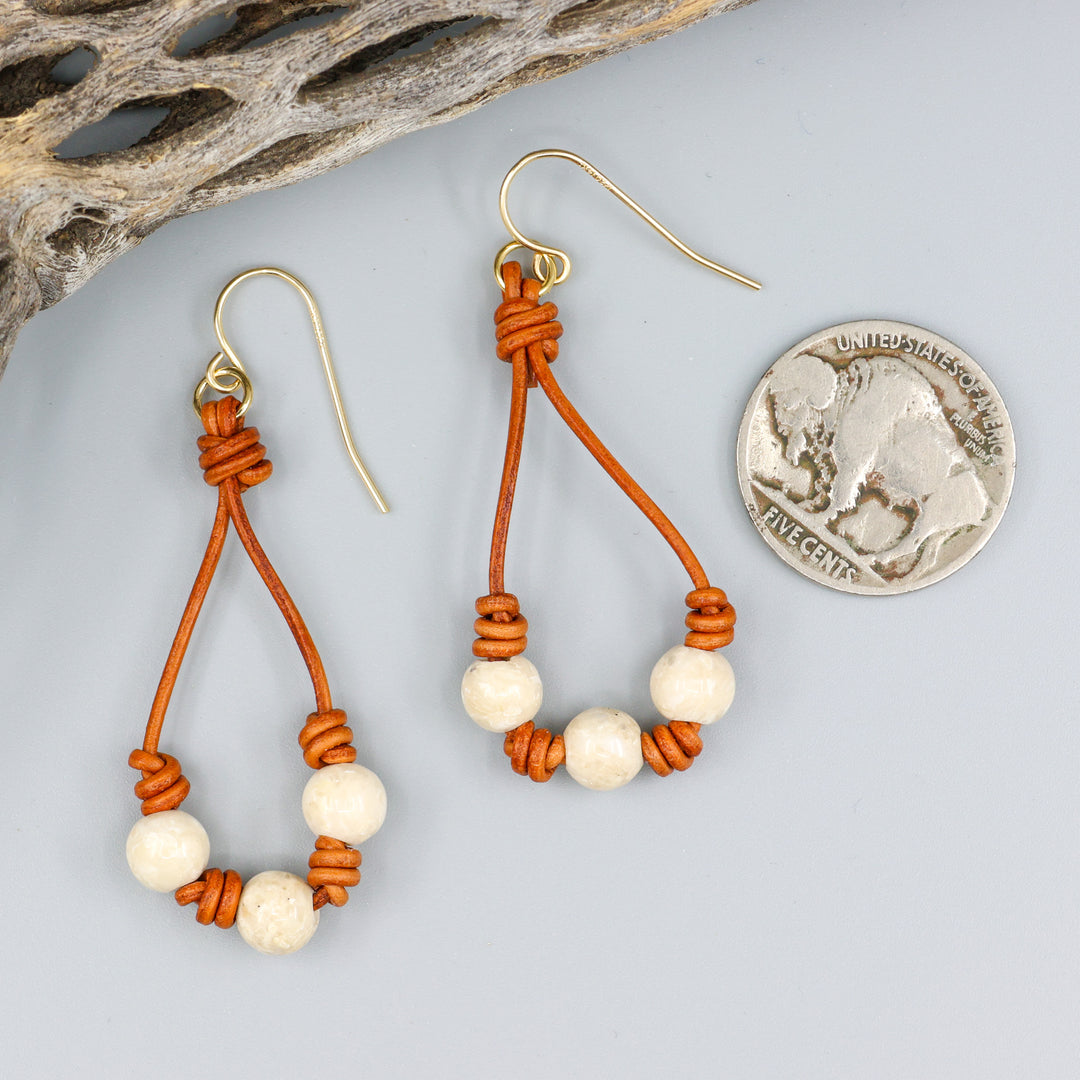 Leather & River Stone Barrel Knot Hoop Earrings - Gold Fill