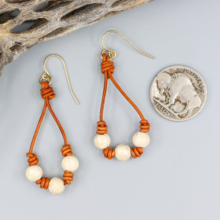 Leather & River Stone Barrel Knot Hoop Earrings - Gold Fill