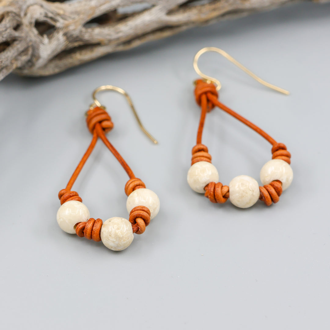 Leather & River Stone Barrel Knot Hoop Earrings - Gold Fill