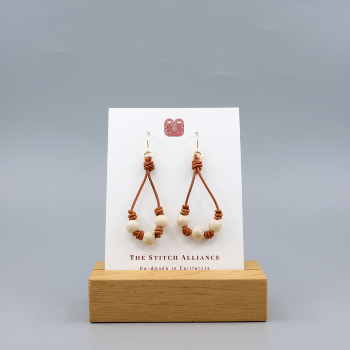 Leather & River Stone Barrel Knot Hoop Earrings - Gold Fill