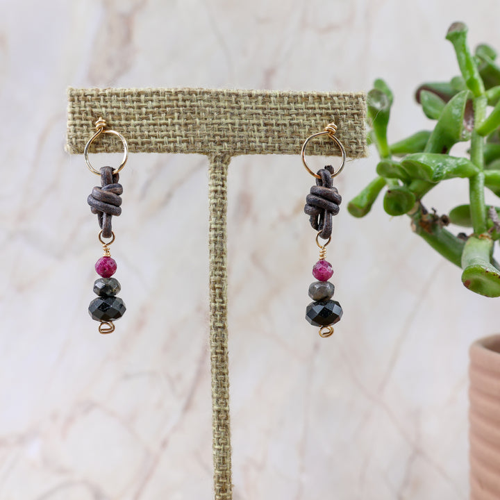 leather, black spinel, larvikite, ruby, gold fill earrings