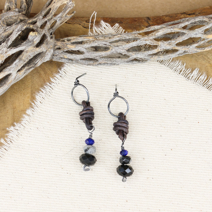 handmade black tourmaline, larvikite, and lapis lazuli oxidized sterling silver earrings