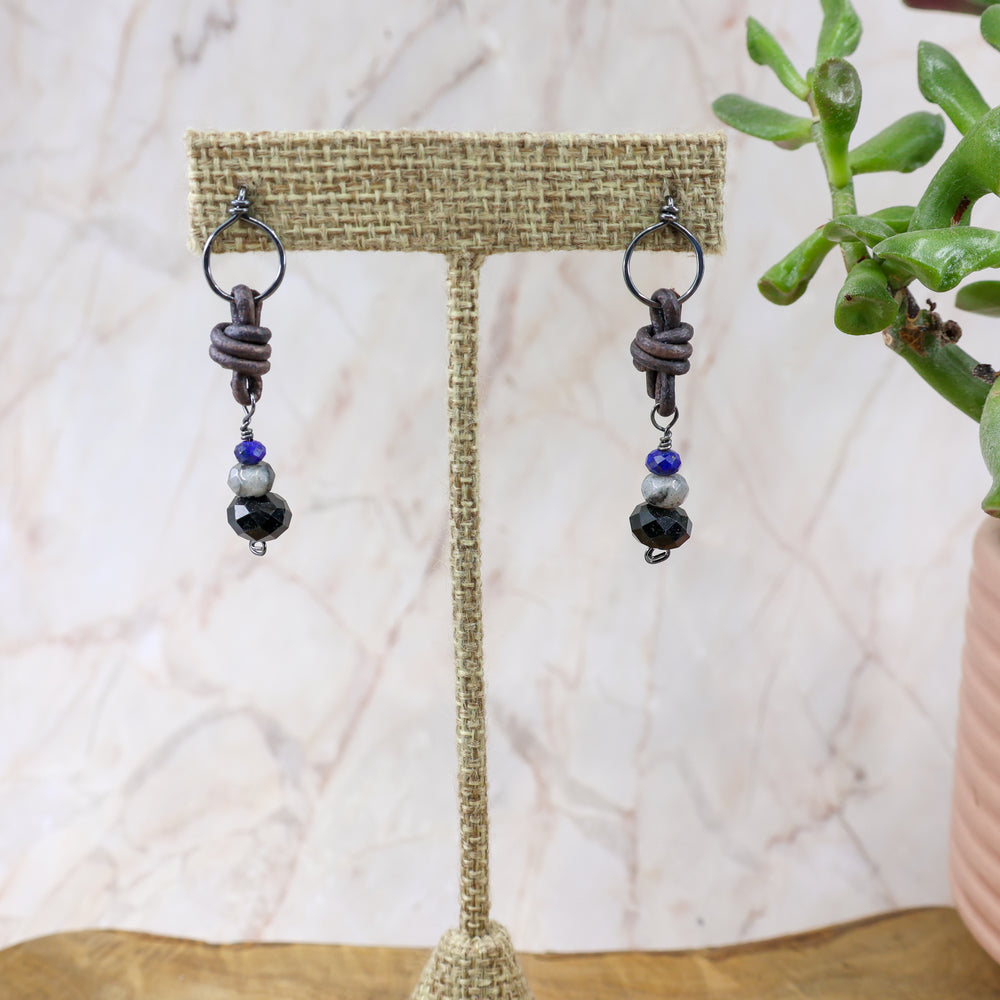 black tourmaline, larvikite, lapis lazuli handmade earrings