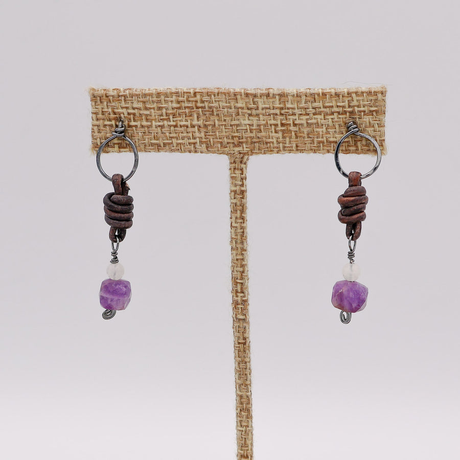 leather, amethyst, and moonstone oxidized sterling silver earrings