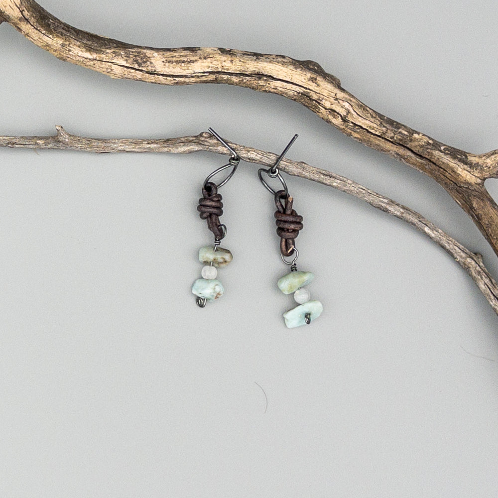 Larimar earrings - oxidized sterling silver and leather on a gray background
